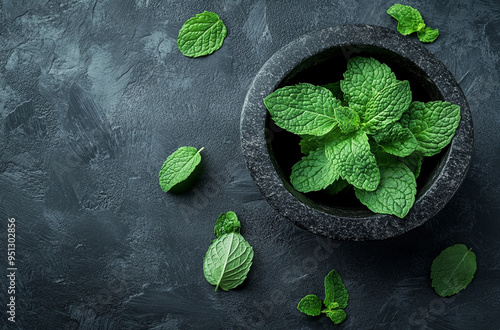 green mint leaves in the black stone mortar on a dark gray background photo