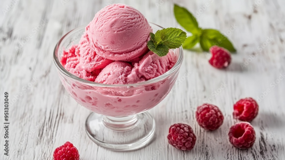 Raspberry ice cream in a glass bowl on a white wooden background. Close-up Raspberry ice cream in a glass bowl on a white wooden background. Close-up