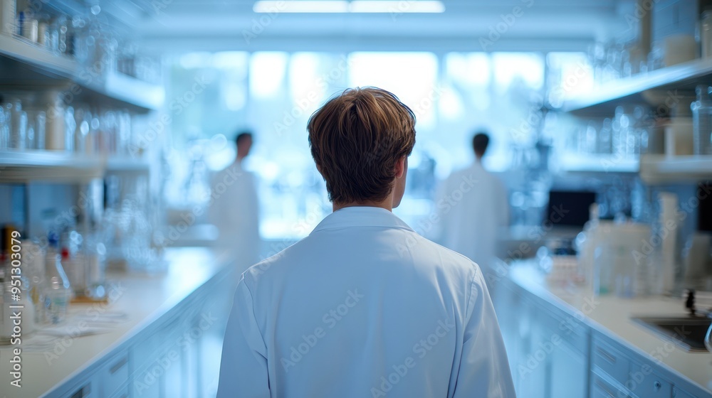 laboratory worker in white coat against blurred background of laboratory laboratory worker in white coat against blurred background of laboratory
