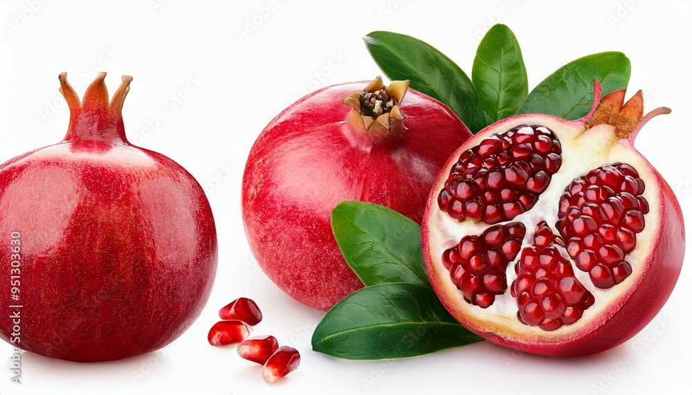 Set of Pomegranate and leaves, isolated on white background Set of Pomegranate and leaves, isolated on white background