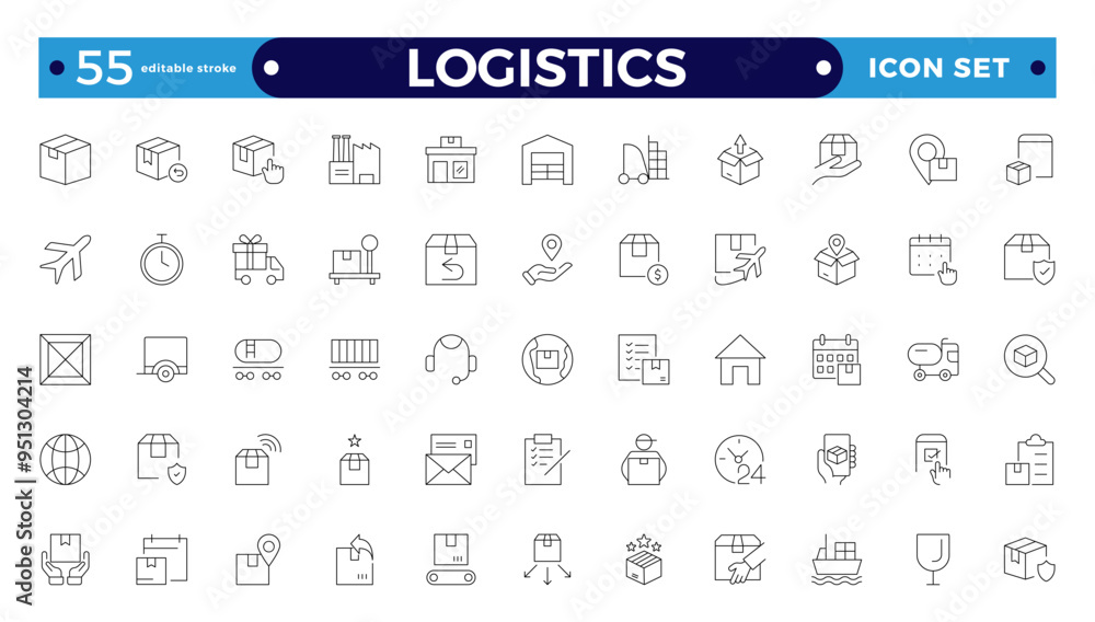 Logistics outline icon. Delivery service outline icon set. Containing order tracking, delivery home, warehouse, truck, scooter, courier Sea Air, Date, Return Search Parcel Editable stroke outline icon Logistics outline icon. Delivery service outline icon set. Containing order tracking, delivery home, warehouse, truck, scooter, courier Sea Air, Date, Return Search Parcel Editable stroke outline icon