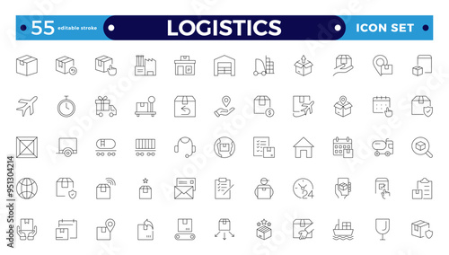 Logistics outline icon. Delivery service outline icon set. Containing order tracking, delivery home, warehouse, truck, scooter, courier Sea Air, Date, Return Search Parcel Editable stroke outline icon