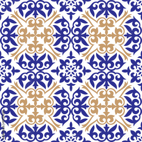 Vector golden blue seamless national ornament. Ethnic pattern of the nomadic peoples of the great steppe, Moroccan,Turk, Mongol, Kyrgyz, Buryat, Kalmyk, Kazakh. Design ceramic, azulejo tile, border