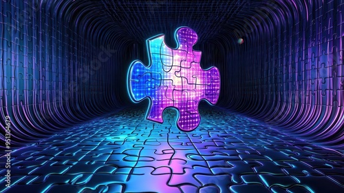 Floating puzzle pieces in a digital void, each piece a vibrant, glowing fragment of a larger holographic image, Futuristic, Digital Art