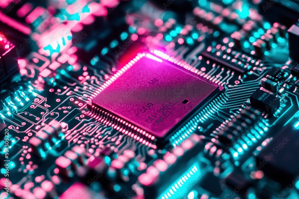 Close-up of a Microchip on a Circuit Board with Neon Lighting Close-up of a Microchip on a Circuit Board with Neon Lighting
