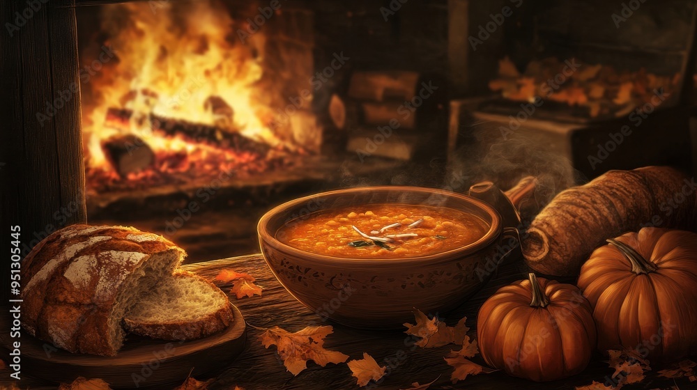 Cozy Autumn Fireplace with Pumpkin Soup Cozy Autumn Fireplace with Pumpkin Soup