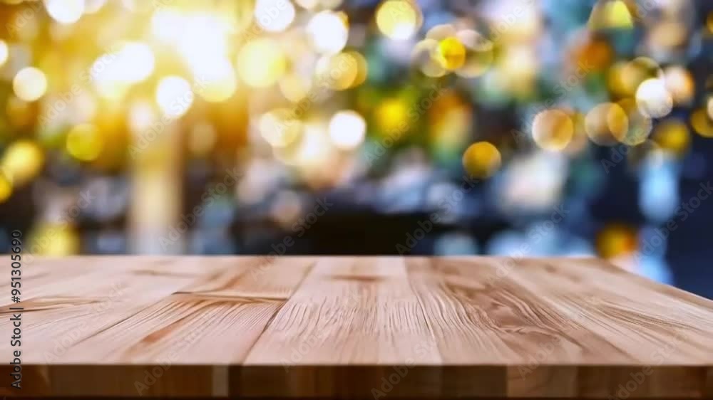 Empty wooden table top in focus with blur-defocused golden bokeh background. Template for product presentation display. Empty wooden table top in focus with blur-defocused golden bokeh background. Template for product presentation display.