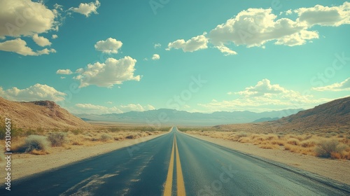 vintage American road trip , desert highway, sunny day, blue sky, clouds