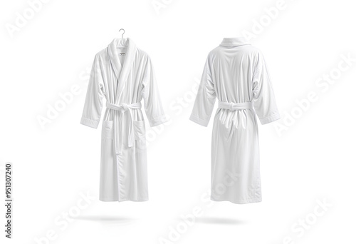 Blank white hotel bathrobe mockup, front and back view. photo