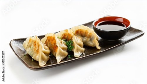 Japanese fried gyoza dumplings with soy sauce on white background