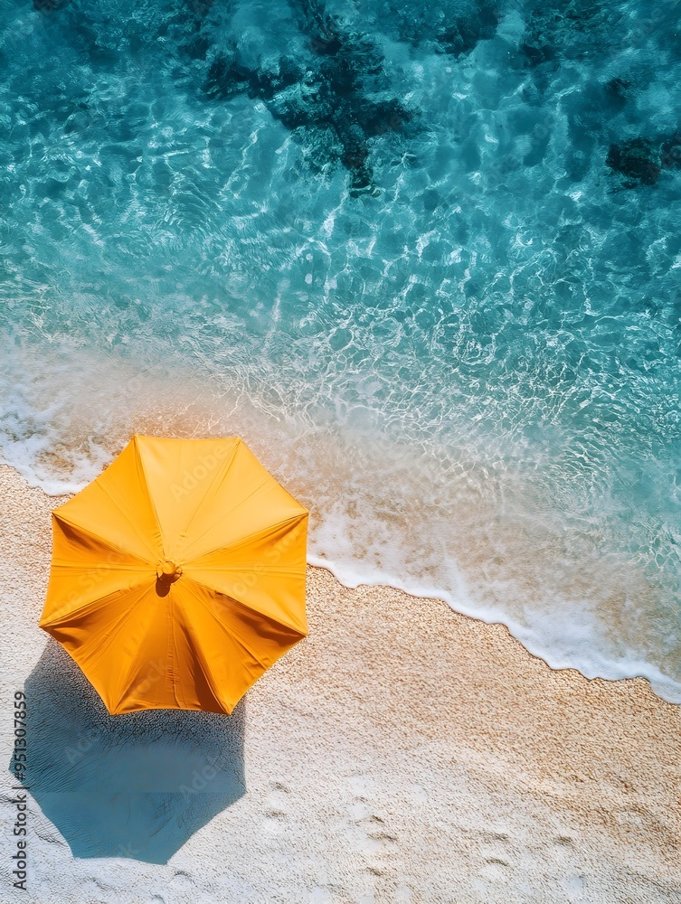 Fototapeta premium Serene Summer Beach with Vibrant Yellow Umbrella in Turquoise Waters