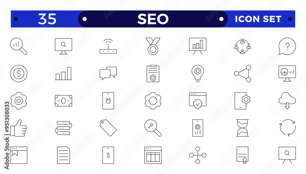 SEO Outline icon set. Search Engine Optimization icon collection. Containing business and marketing, traffic, ranking, optimization, link and keyword. SEO Outline icon set. Search Engine Optimization icon collection. Containing business and marketing, traffic, ranking, optimization, link and keyword.