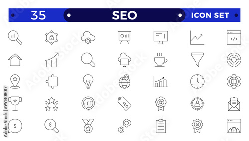 SEO Outline icon set. Search Engine Optimization icon collection. Containing business and marketing, traffic, ranking, optimization, link and keyword.