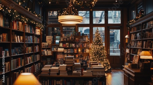 Cozy Holiday Bookstore Ambiance with Christmas Decor