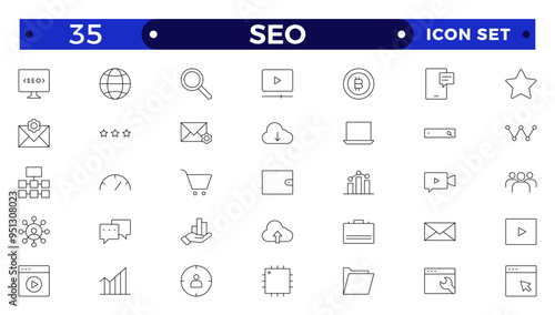 SEO Outline icon set. Search Engine Optimization icon collection. Containing business and marketing, traffic, ranking, optimization, links, and keywords.