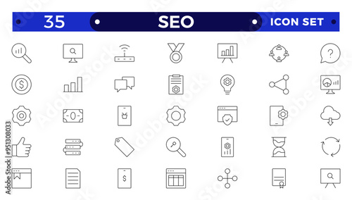 SEO Outline icon set. Search Engine Optimization icon collection. Containing business and marketing, traffic, ranking, optimization, link and keyword.