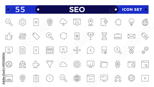 SEO Outline icon set. Search Engine Optimization icon collection. Containing business and marketing, traffic, ranking, optimization, link and keyword.