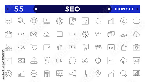 SEO Outline icon set. Search Engine Optimization icon collection. Containing business and marketing, traffic, ranking, optimization, link and keyword.