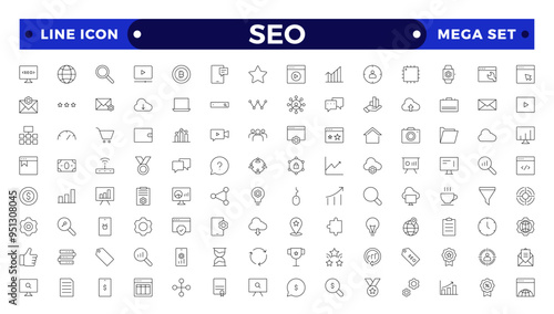 SEO Outline icon set. Search Engine Optimization icon collection. Containing business and marketing, traffic, ranking, optimization, link and keyword.