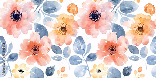 Delicate floral watercolor repeating design in gentle pastel hues ideal for cosmetics or similar items.