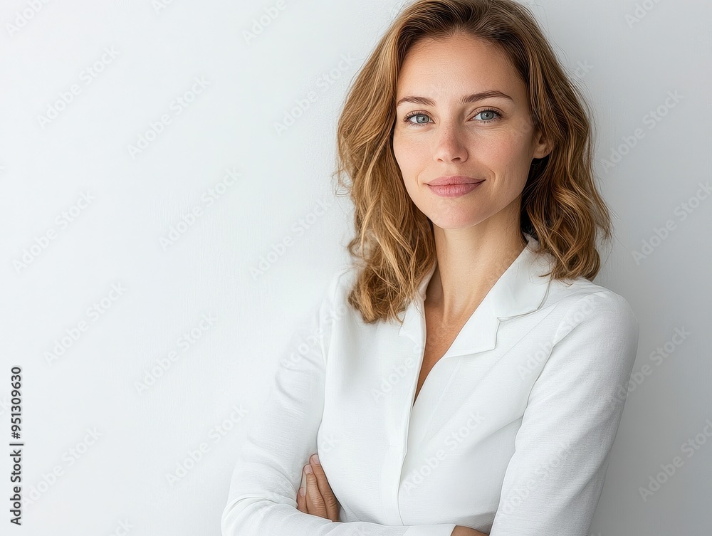 Confident Young Woman in White Shirt Smiling with Arms Crossed Against Plain Background Confident Young Woman in White Shirt Smiling with Arms Crossed Against Plain Background