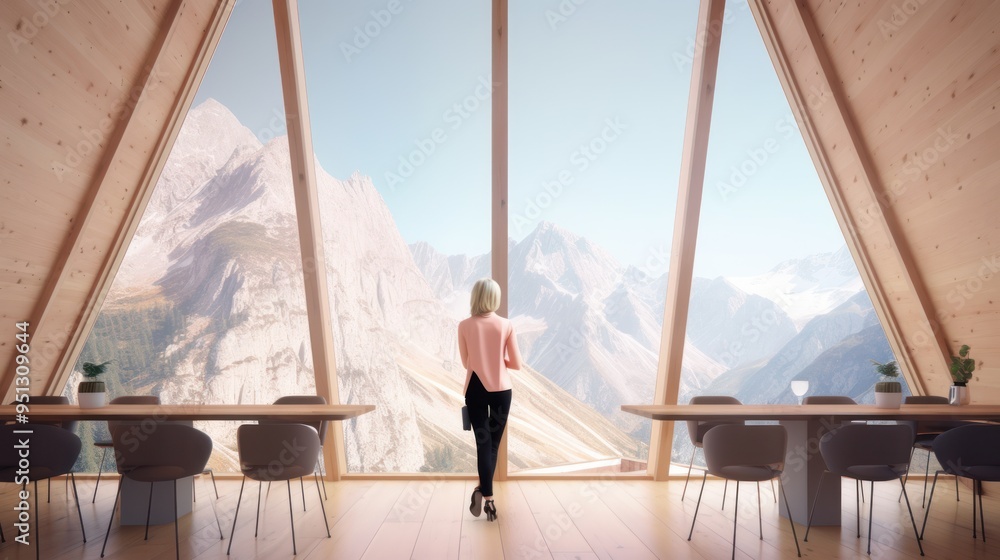 A Woman Gazes at a Mountainous View from a Wooden Cabin A Woman Gazes at a Mountainous View from a Wooden Cabin