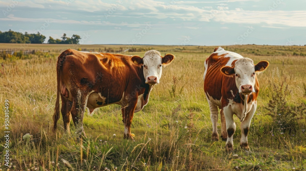Two Cows Standing in a Lush Meadow Two Cows Standing in a Lush Meadow