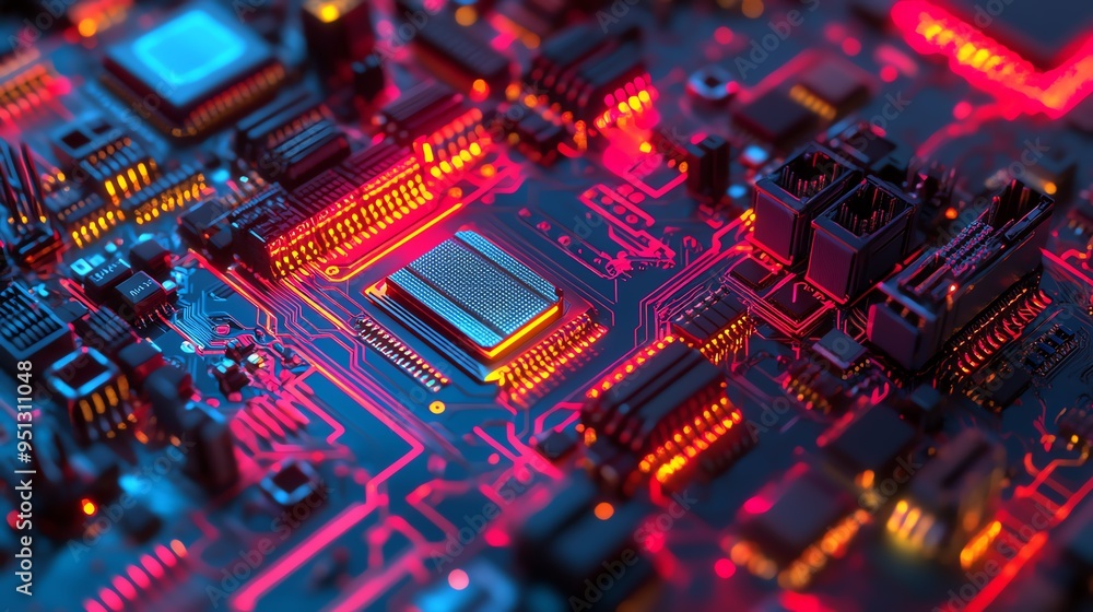 Fototapeta premium Intricate chip design interwoven with holographic data streams in double exposure, semiconductor, AI technology