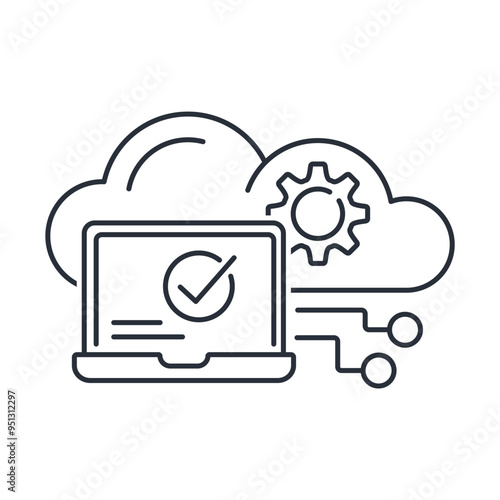 Virtual machine. Automation administration. Cloud computing symbol. Vector linear icon isolated on white background.