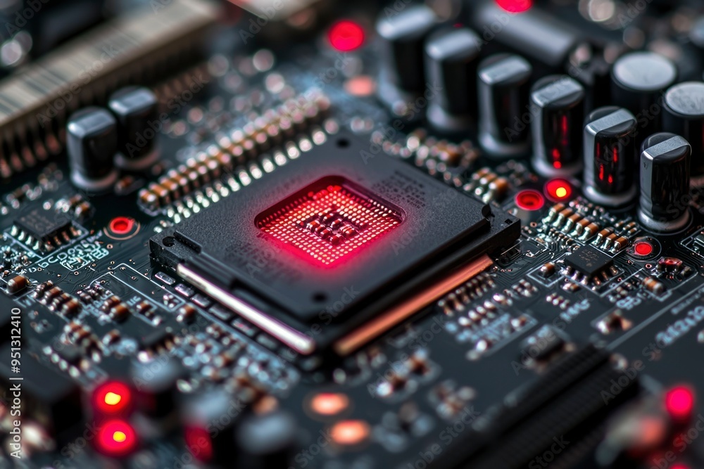 Close-up of a Red-Lit Processor on a Circuit Board Close-up of a Red-Lit Processor on a Circuit Board