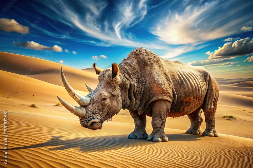 Fototapeta premium A vintage postcard featuring a dusty woolly rhinoceros trudging through a sun-scorched desert landscape, surrounded by towering sand dunes beneath a brilliant blue sky.