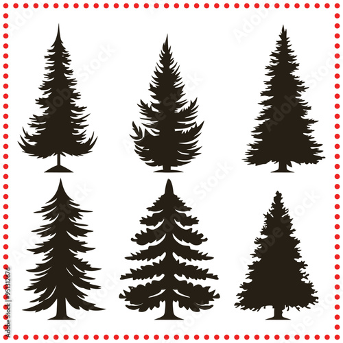 Diverse pine tree silhouettes in vector format, great for Christmas designs and winter wonderland themes.