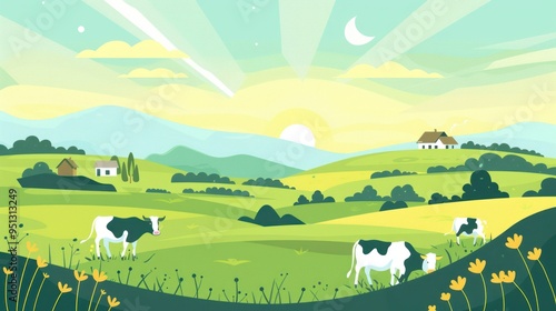 Peaceful Rural Landscape with Grazing Cows