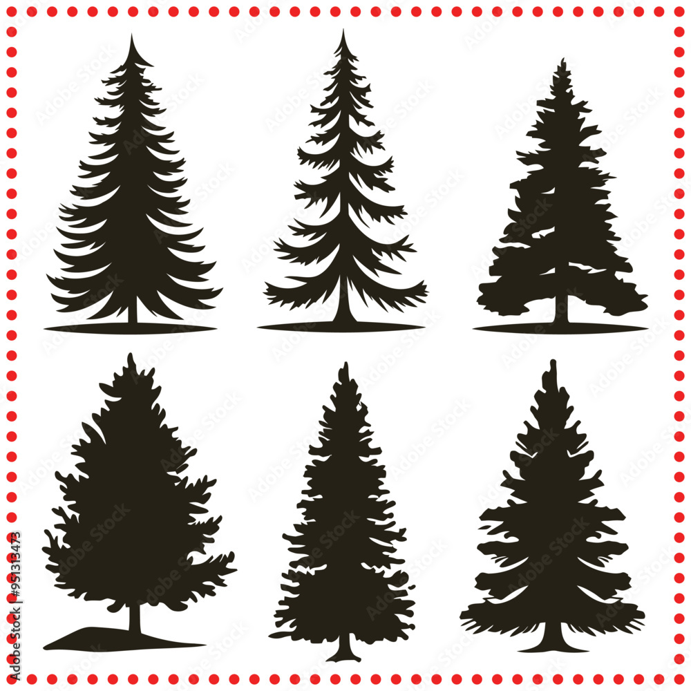 Vector set of pine tree silhouettes, great for use in outdoor and wilderness related marketing. Vector set of pine tree silhouettes, great for use in outdoor and wilderness related marketing.