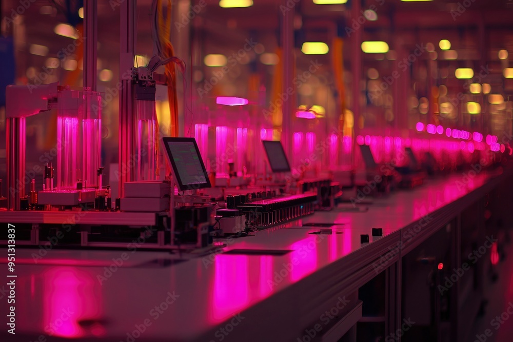 Automated Manufacturing Line with Pink Lighting and a Computer Screen Automated Manufacturing Line with Pink Lighting and a Computer Screen