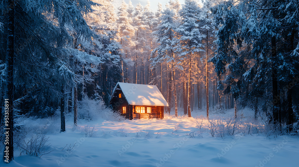 A peaceful, snow-covered forest with a small cabin emitting a warm glow from the windows. A peaceful, snow-covered forest with a small cabin emitting a warm glow from the windows.