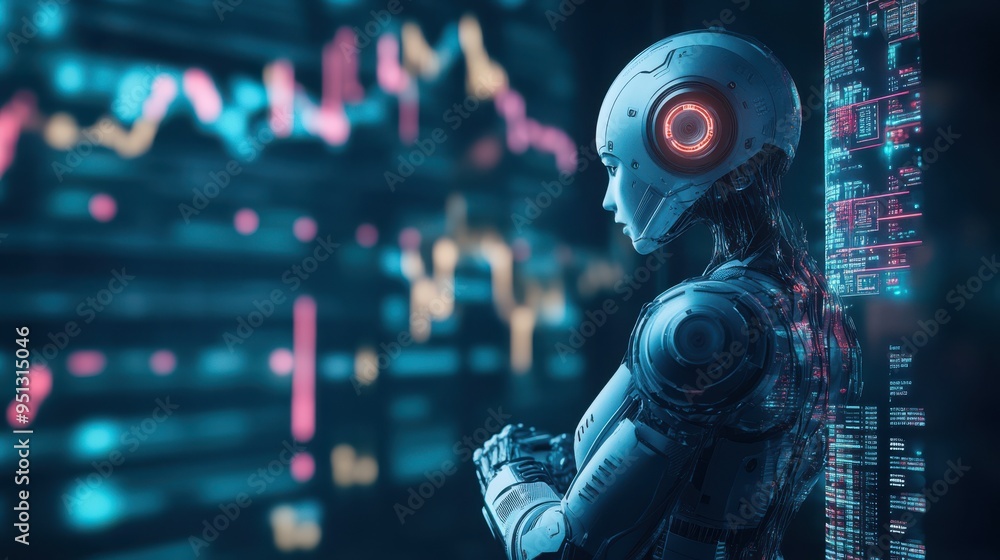 A robot is standing in front of a computer screen with a lot of numbers A robot is standing in front of a computer screen with a lot of numbers
