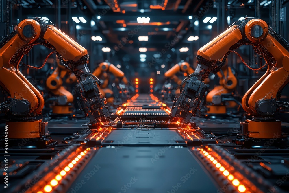 Industrial Robotic Arms Assembling a Circuit Board Industrial Robotic Arms Assembling a Circuit Board