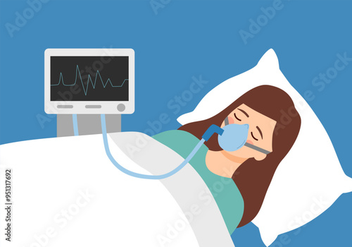 Artificial lung ventilation for patient, intensive care in hospital. woman with oxygen mask vector illustration cartoon character. Pulmonary ventilator.