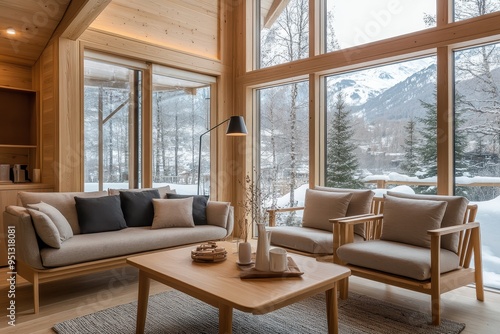 Wallpaper Mural Cozy Scandinavian Living Room with Modern Wood Furniture and Earthy Tones, Illuminated by Soft Natural Light from Large Windows - Wide-Angle Shot Creating a Welcoming Atmosphere Torontodigital.ca