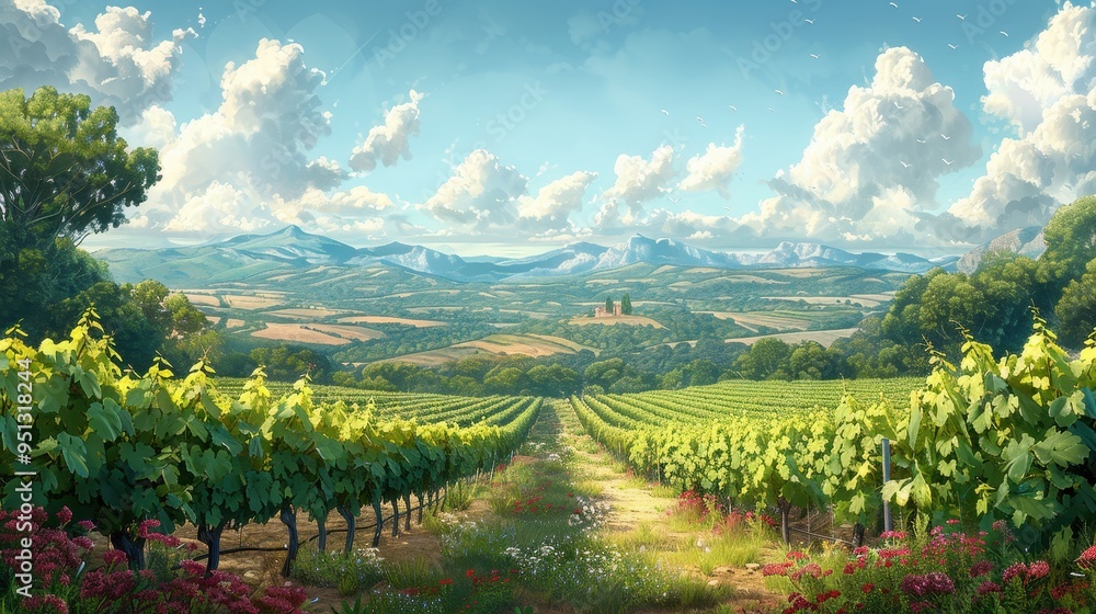 Naklejka premium A Path Through a Vineyard Leading to Mountains and a Distant Village