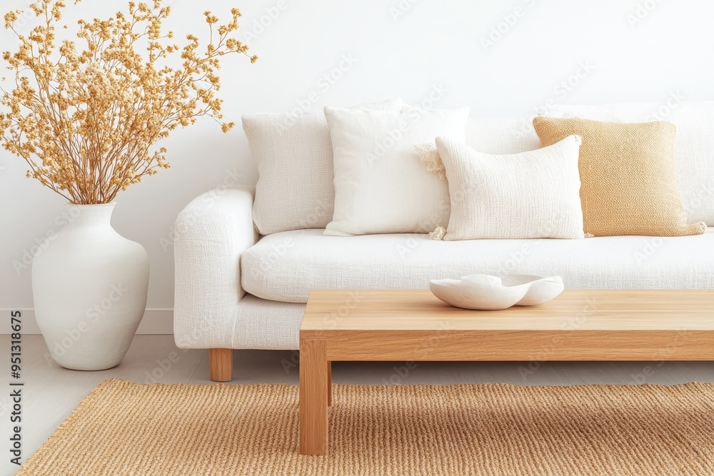 Elegant Modern Scandinavian Living Room with Oak Coffee Table and Earthy Tones, Top-Down View Elegant Modern Scandinavian Living Room with Oak Coffee Table and Earthy Tones, Top-Down View