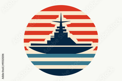 Retro Warship Silhouette: Vintage Circle Striped T-Shirt Design.