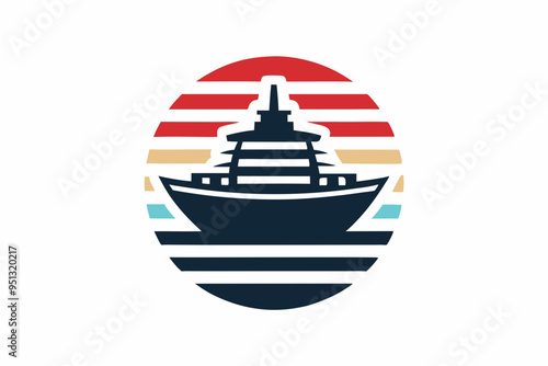 Retro Warship Silhouette: Vintage Circle Striped T-Shirt Design.