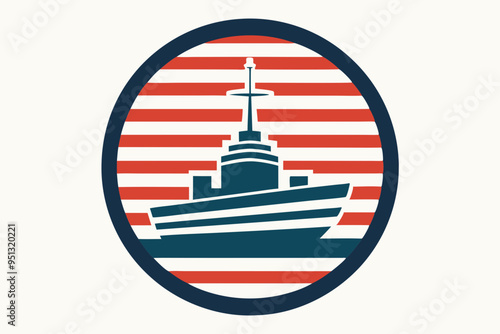 Retro Warship Silhouette: Vintage Circle Striped T-Shirt Design.