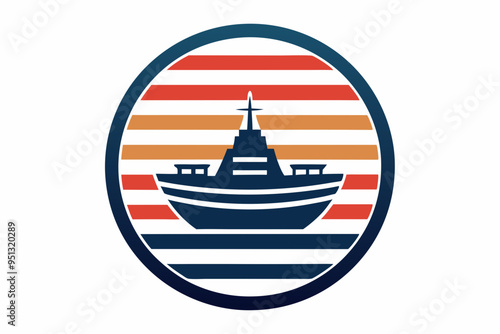 Retro Warship Silhouette: Vintage Circle Striped T-Shirt Design