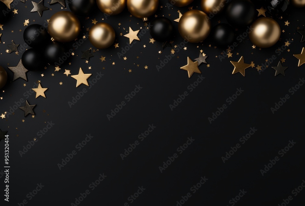Black and Gold Christmas Ornaments and Stars on a Black Background Black and Gold Christmas Ornaments and Stars on a Black Background