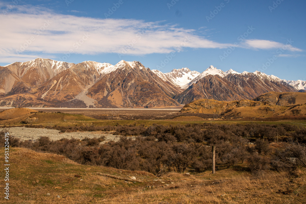 The Hakatere conservation park nestled in valley below the snow covered peaks of the Southern alps very close to Erewhon station The Hakatere conservation park nestled in valley below the snow covered peaks of the Southern alps very close to Erewhon station