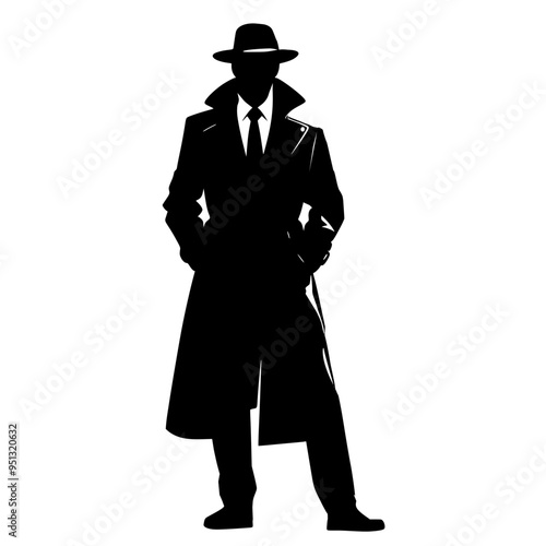 silhouette of a man in a hat, man wearing long coat, secret agent, detective