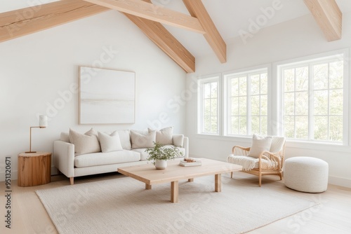 Serene Scandinavian Living Room with Oak Beams and Earthy Accents